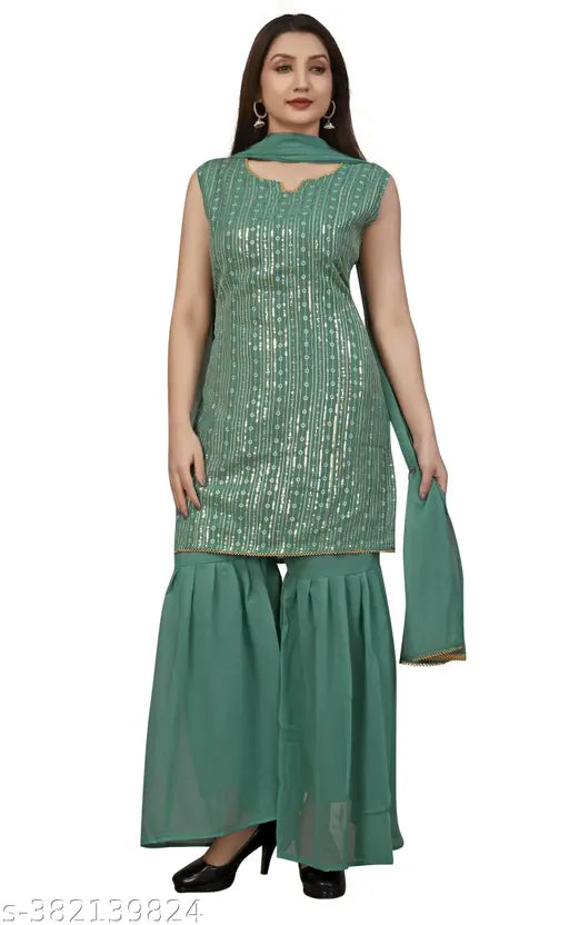 Green georgette sequined kurta and sharara set, suitable for parties and weddings