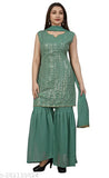Green georgette sequined kurta and sharara set, suitable for parties and weddings