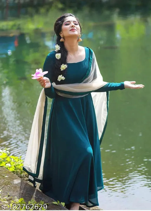 Georgette Rama solid gown with crepe lining, 2m dupatta set, full-length sleeves, Indian bridal wear