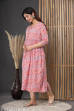 Floral print cotton maternity gown, long sleeves, V-neck