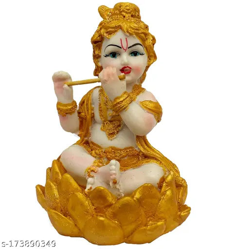 Gold polyresin baby lotus statue of Lord Krishna with flute, 6 inches
