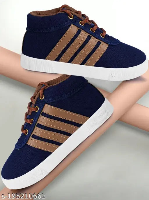 Blue and white sneakers with brown laces