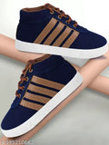 Blue and white sneakers with brown laces