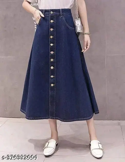 Woman in a long denim skirt with buttons up the front