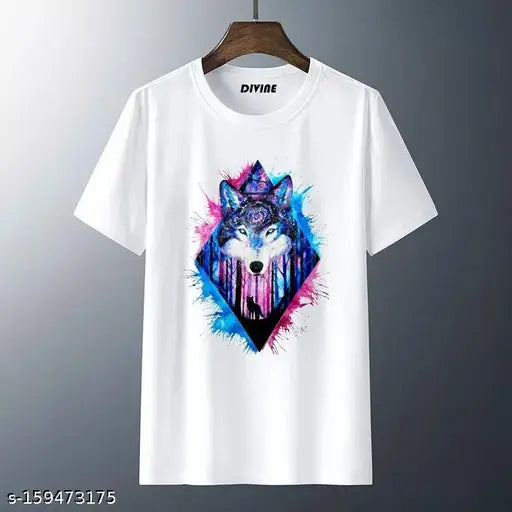 Colorful wolf printed white round neck t-shirt, animal print polyester for men, machine washable with short sleeves and regular fit