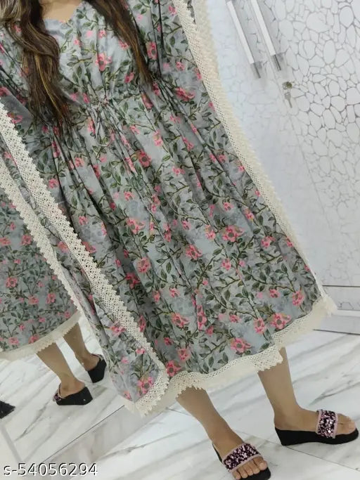 Pretty floral patterned long kameez, women's, blue, lace trim