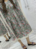 Pretty floral patterned long kameez, women's, blue, lace trim