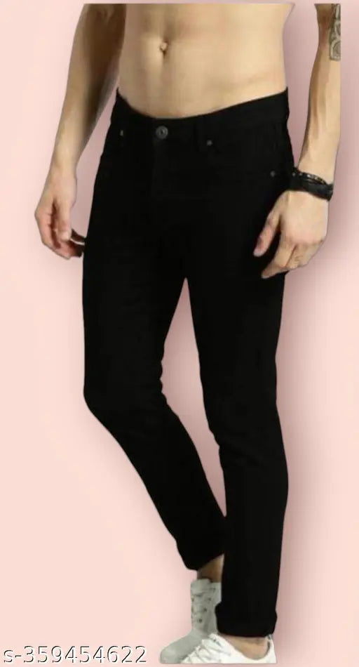 Stylish black denim jeans pant by JovsHil for men - Solid black, comfortable fit, size N, made in India