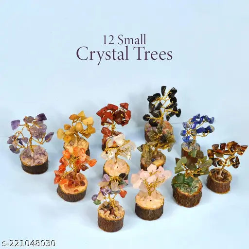 12 Mini Crystal Trees Set, Natural Stone, Multi-Color, Chakra Tree Showpiece