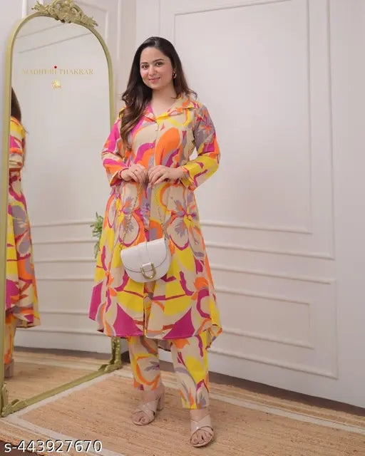 Rayon printed kurta set with palazzos, three-quarter sleeves, women's traditional Indian attire