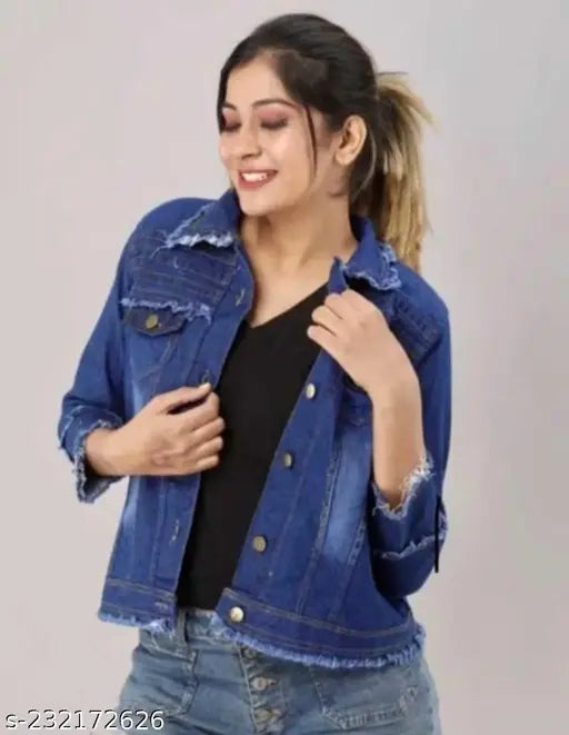 Women's blue denim jacket, solid pattern, three-quarter sleeves - size S, great for women's top wear or girls