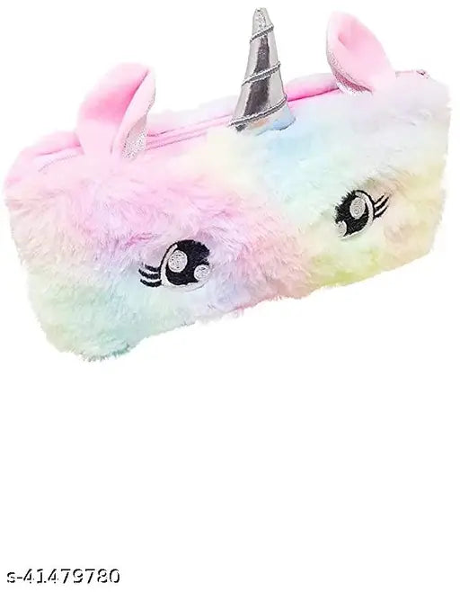 Elite textured fabric pouch, unicorn fur multi-purpose for makeup & stationery storage, India origin