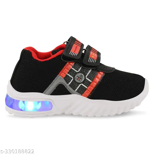 Black athletic shoes with red accents and LED lights