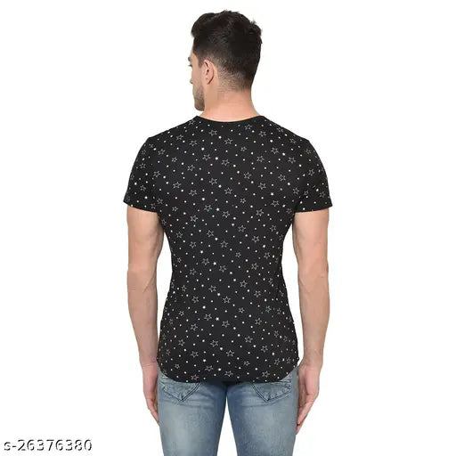 Black cotton blend Vimal Jonney men's quirky v-neck t-shirt pack 3, featuring patriotic prints on short sleeves. Size options: M (38" chest, 27.5" length), L (40" chest, 28" length), XL (42" chest, 28.5" length), XXL (44" chest, 29" length). Made in India