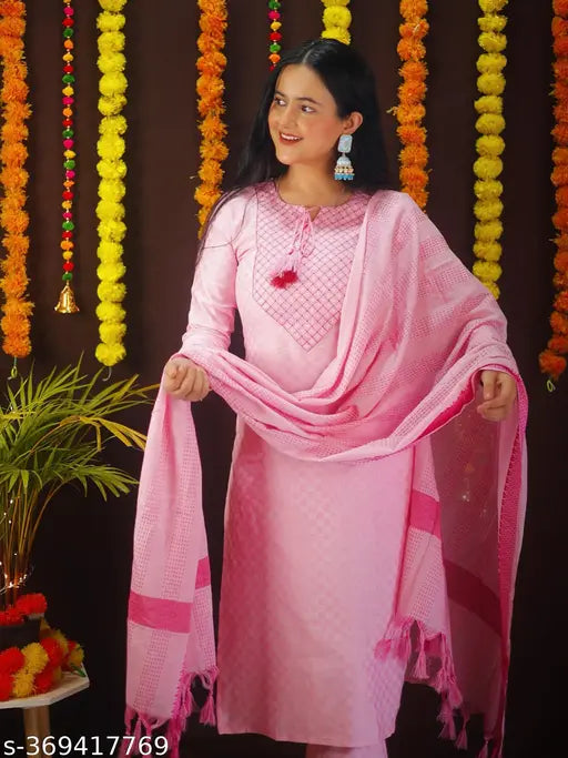 Embroidered cotton kurti set with dupatta and pants. Three-quarter sleeves, India-made" (124 characters)