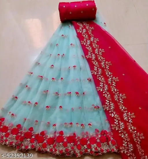 Embroidered dupion silk and net lehenga with dupatta, semi-stitched to 44in waist, heavy embellished Indian traditional attire