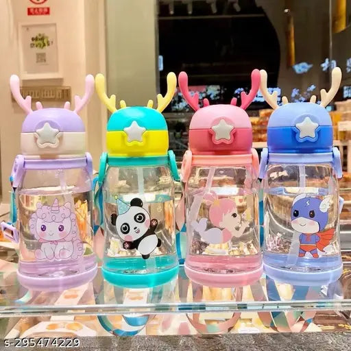 Multicolor ABS+ plastic SOCYDOO kids water bottle, 600ML. Shatter-proof, leak-proof, and anti-bacterial for children's casual use, featuring a deer horn design with hanging strap