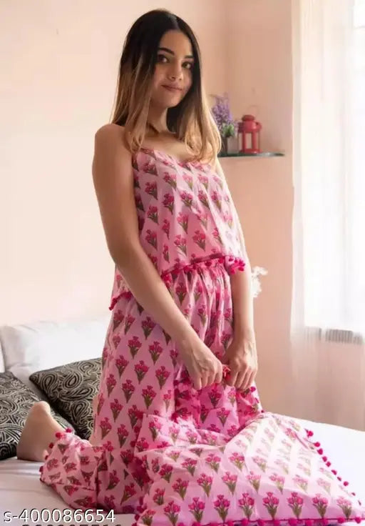 Rayon night suit, sleeveless spaghetti style pyjama with printed net pattern, available in sizes XS to 4XL for a comfortable fit, originating from India