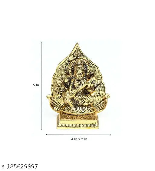 Golden metal showpiece of Saraswati deity with leaf backdrop, 13 cm height