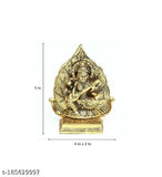 Golden metal showpiece of Saraswati deity with leaf backdrop, 13 cm height
