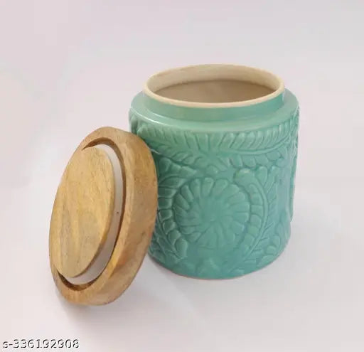 Handcrafted ceramic kitchen storage jars with wooden lids, set of 2 in blue and white