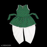 Green crepe dhoti kurta set for girl from Queenpin Festive Collection, printed anarkali style with sleeveless top and above knee length