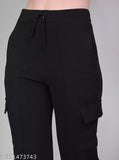 Solid cotton blend fancy cargo pant for woman combo, high waist with bow tie design, comfortable, durable, functional pockets