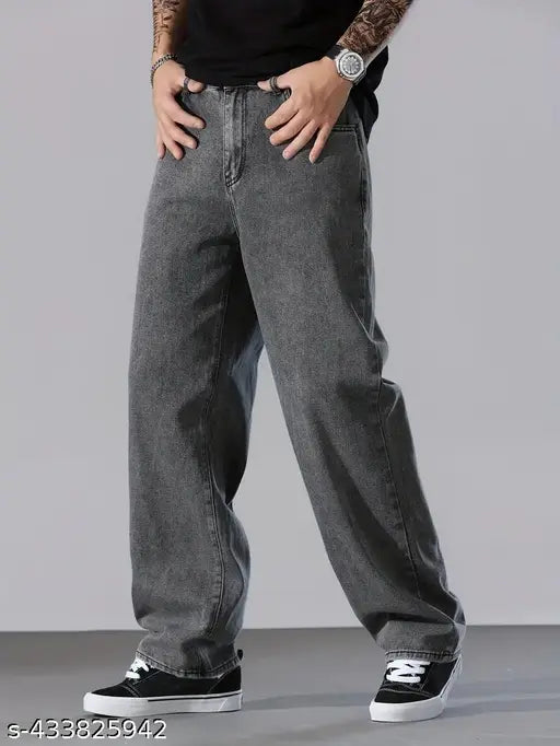Black denim jeans, casual fit, relaxed waistband