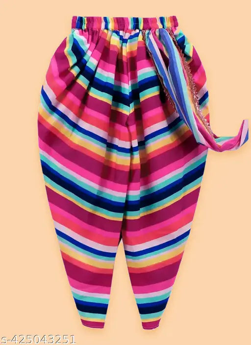 Kids baby girl printed dhoti clothing set, georgette short sleeves top and stripe lehenga, cotton material, 12-9 years, India