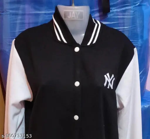 Black varsity jacket with white lettering and emblem, short sleeves