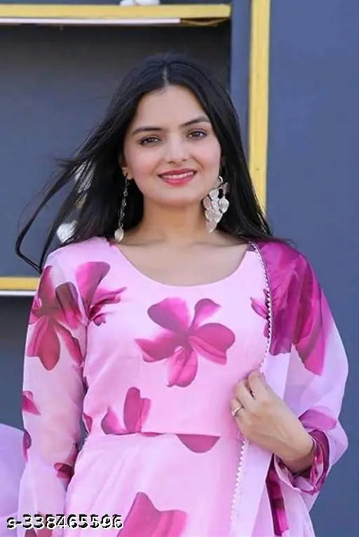 Pink Georgette printed net gown, women's formal wear in multiple sizes from S to 4XL, India-made fashion