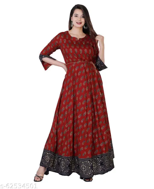 Gold-printed rayon anarkali kurta with mirror work, three-quarter sleeves - Indian ethnic wear, Jaipuri Collection