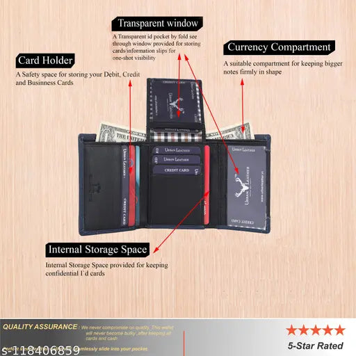 Solid leather, RFID-blocking premium tri-fold wallet with 5 compartments. Handcrafted genuine leather, ideal gift. Made in India