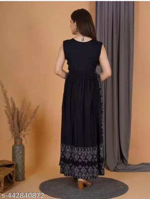 Black viscose rayon sleeveless dress, printed combo design - Nayra XS size from India