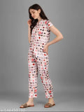 Kinjo women's printed silk pyjama set, full night suits with short sleeves, vibrant patterns on poly silk fabric