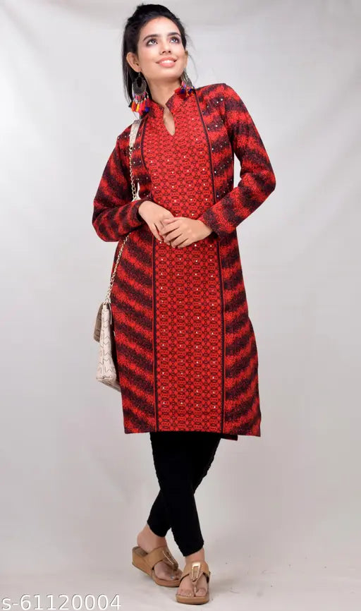 Red woollen kameez with straight print, warm tone, sleeveless design
