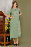 Olive green long kurta dress with red detailing, likely lace or embroidery, knee length, straight cut ends