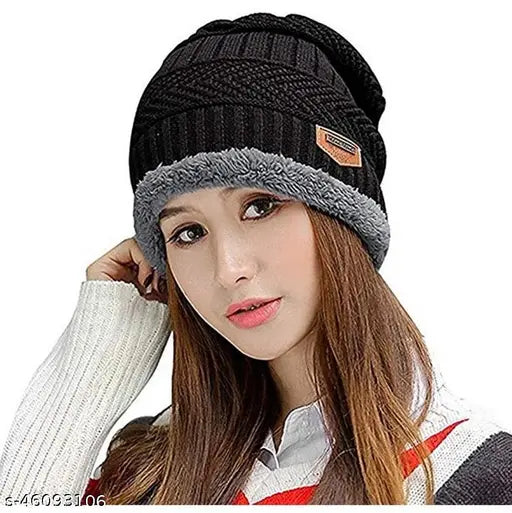 Certified black single bennie cap for girls, woolen fur lined, snow proof