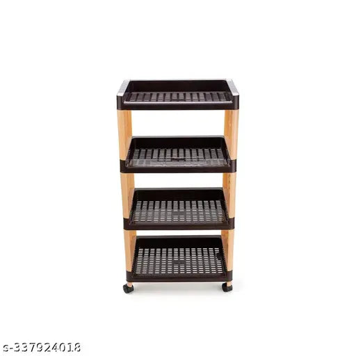 Four-layer brown and cream multi-purpose storage organizer, kitchen and office rack with wheels