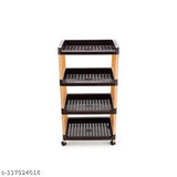 Four-layer brown and cream multi-purpose storage organizer, kitchen and office rack with wheels