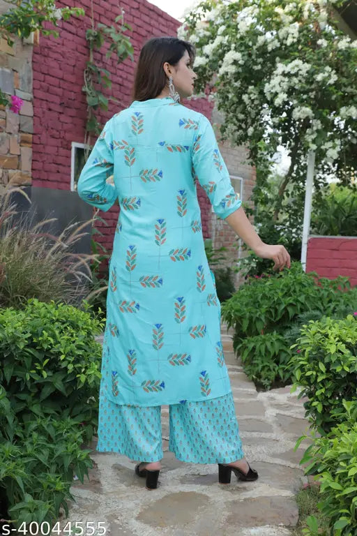 Rayon embroidered kurta set with palazzos, printed net pattern on Indian-origin women's clothing in rayon fabric