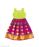 Gold border Art Silk lehenga choli by Preethi Dresses for toddlers, printed pattern with short sleeves on display stand