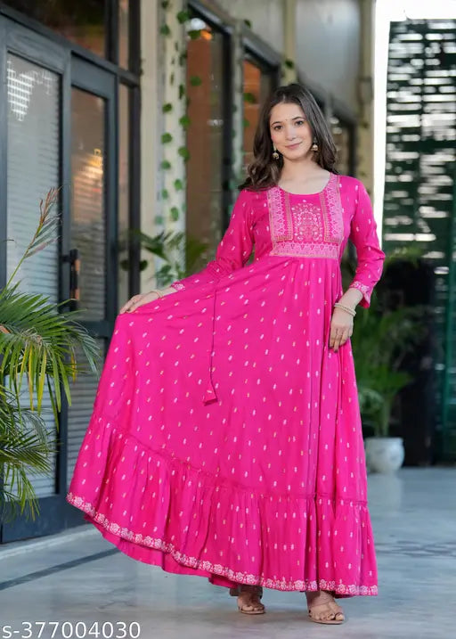 Premium rayon anarkali dress, geo print, round neck, long ankle length, 34 sleeve, women's fashion