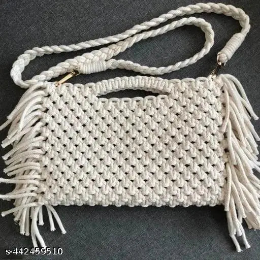 White macramé fringe purse with two handles