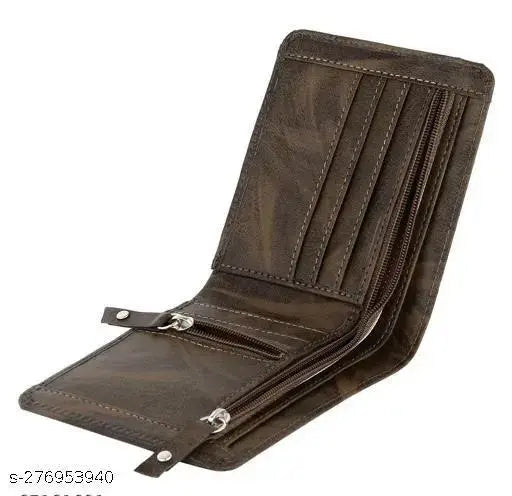 Brown leather bi-fold wallet with faux leather exterior and 4 card slots, 1 chain pocket, flip ID, 2 secret slots, and 2 currency compartments. Trendy men's accessory." (98 characters)