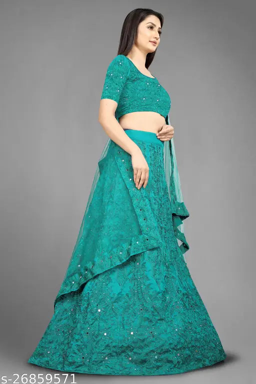 Flared taffeta silk unstitched lehenga choli for women, embroidered in solid net dupatta. Indo-western fusion fashion for parties or weddings