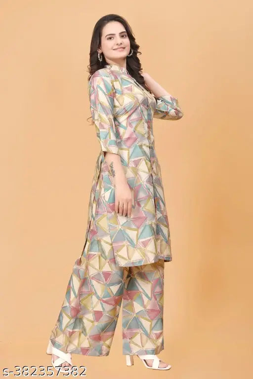 Art Silk Palazzo Top & Bottoms Set, printed net, three-quarter sleeves, for women's formal wear