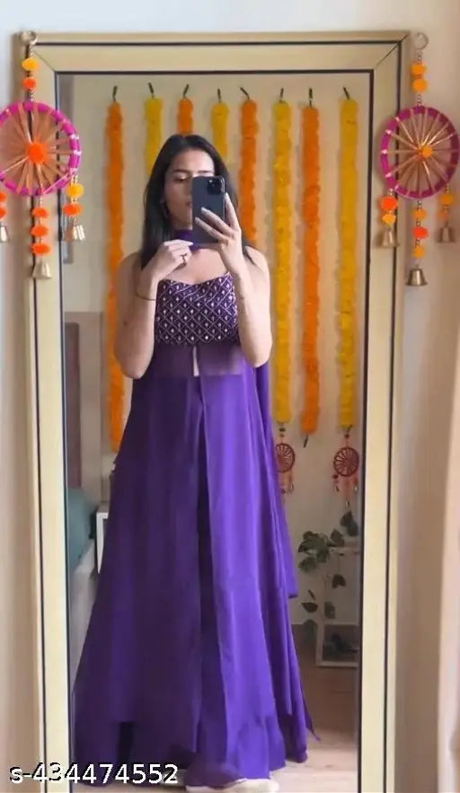 Purple Georgette Kurta with Dupatta and Palazzos, embellished net design for women, single size available from XS to XXL