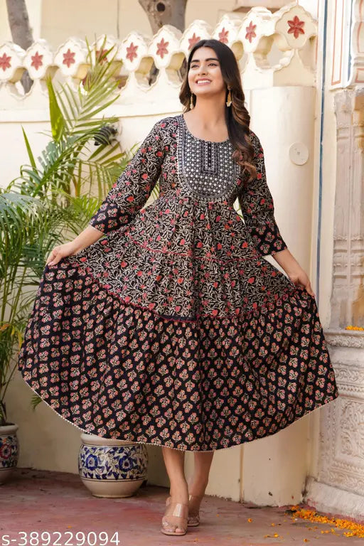 Printed colourful rayon Anarkali with three-quarter sleeves, vibrant pattern for women's fashion, size M-7XL