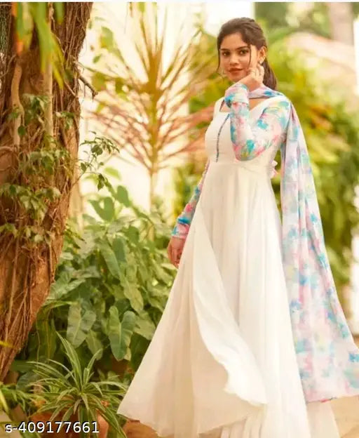 Fancy white georgette kurti with dupatta, printed combo pastel shades, long sleeves - India-made fashion